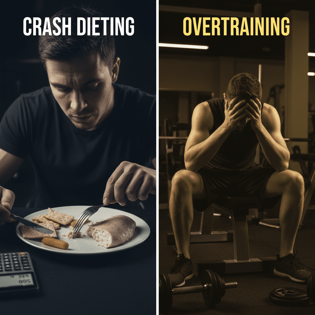 A split-screen image contrasting the dangers of crash dieting (an insufficient, tiny meal) versus overtraining (an exhausted person in the gym), both of which can hinder sustainable loss of belly fat,