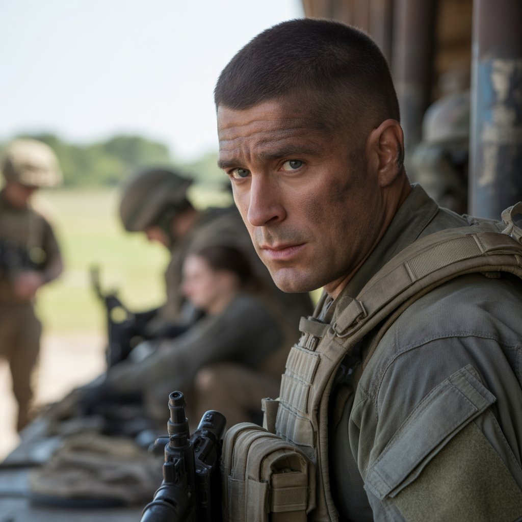 Focused army soldier practicing calm breathing during warm-up before the physical fitness test