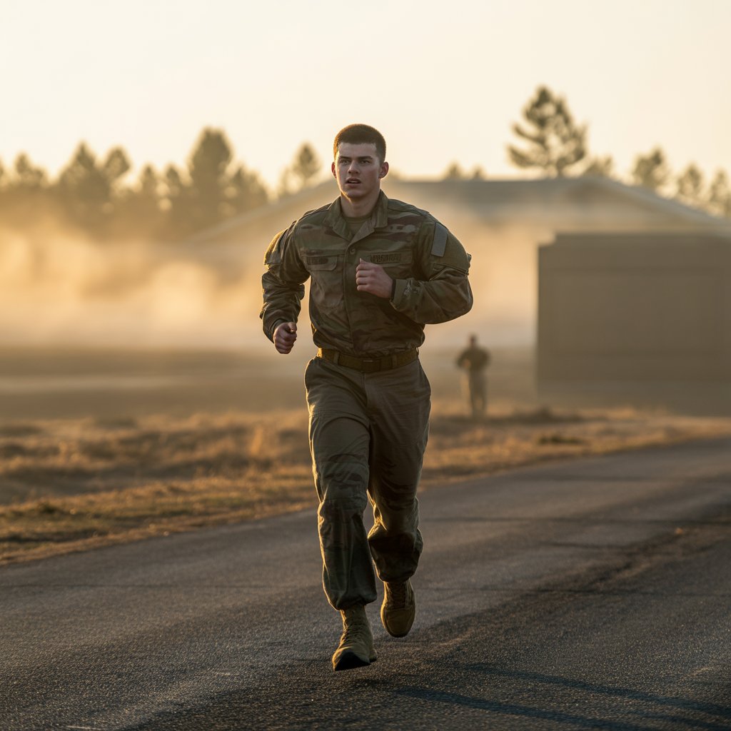 Army recruit running during early morning training, showing army mile time requirements and endurance preparation.