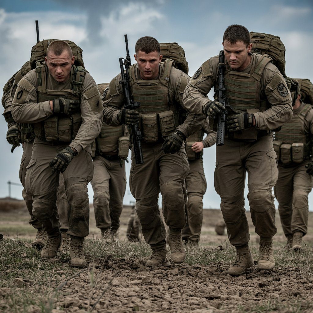 U.S. Army Infantry Soldiers training for acft standards close combat MOS with full gear during physical readiness drills