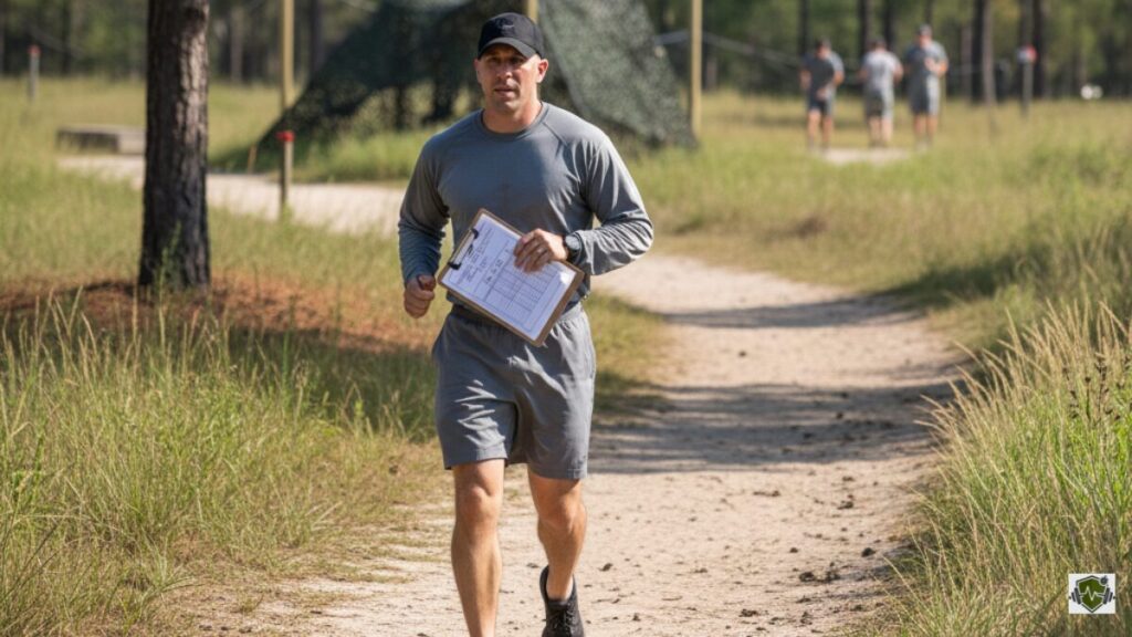 A soldier running in the early morning mist on a sports field track, a key component of training for the Army Two-Mile Run event.
