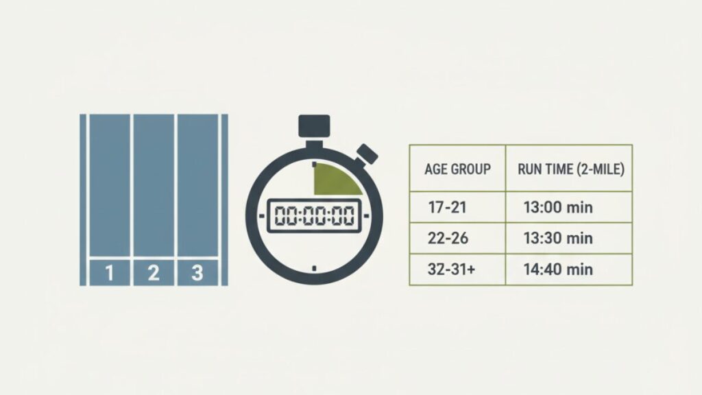 Professional photography of a male soldier maintains a steady pace on a running track during an Army Two-Mile Run practice session.