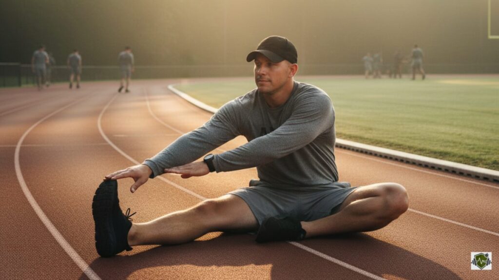 A focused soldier training solo on a running track under natural morning light to improve his time for the Army Two-Mile Run.