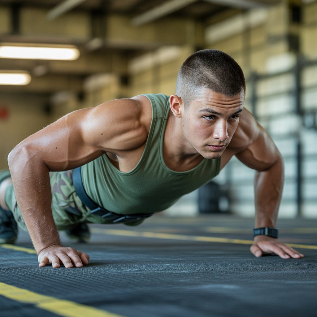 Army soldier doing controlled incline push-ups to prepare shoulders and core before the APFT