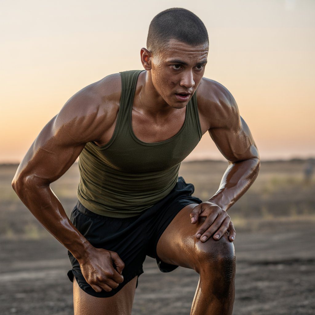 Army soldier finishing a run, showing mental toughness and commitment to meeting army mile time requirements.