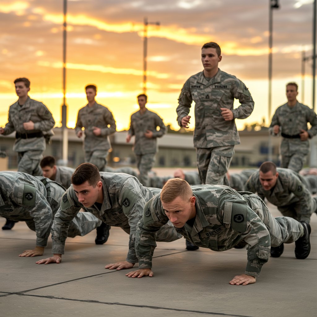U.S. Army soldiers participating in remedial physical training after failing the Army Fitness Test (AFT), doing push-ups and cardio exercises on a military base.