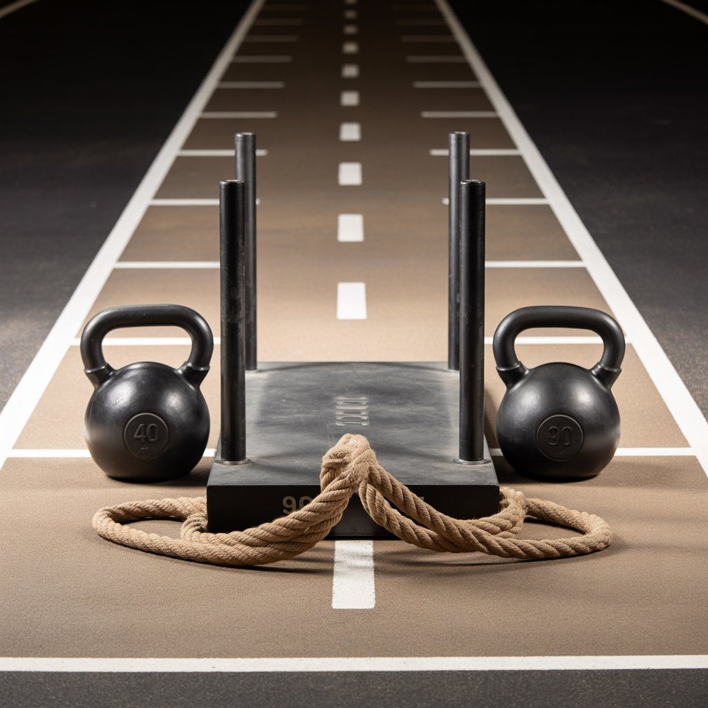 Official ACFT Sprint-Drag-Carry equipment including sled and kettlebells