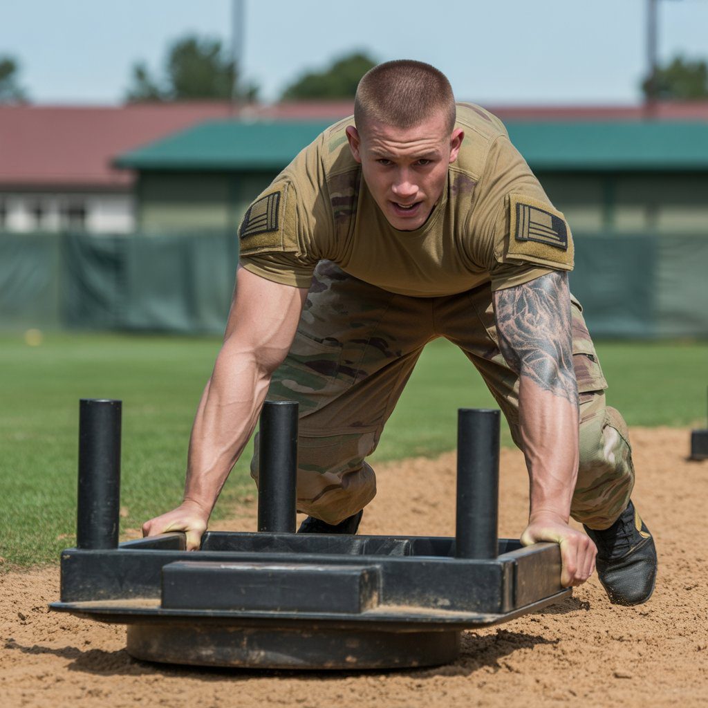 Soldier performing sprint-drag-carry sled drag during ACFT testing