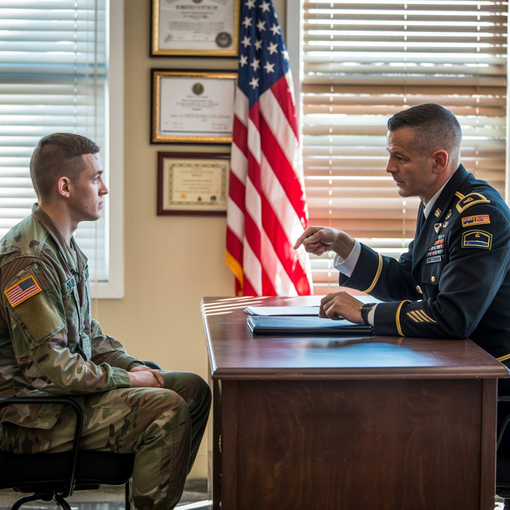 U.S. Army soldier meeting with commanding officer to discuss Army Fitness Test (AFT) results and consequences of failing the army physical fitness test
