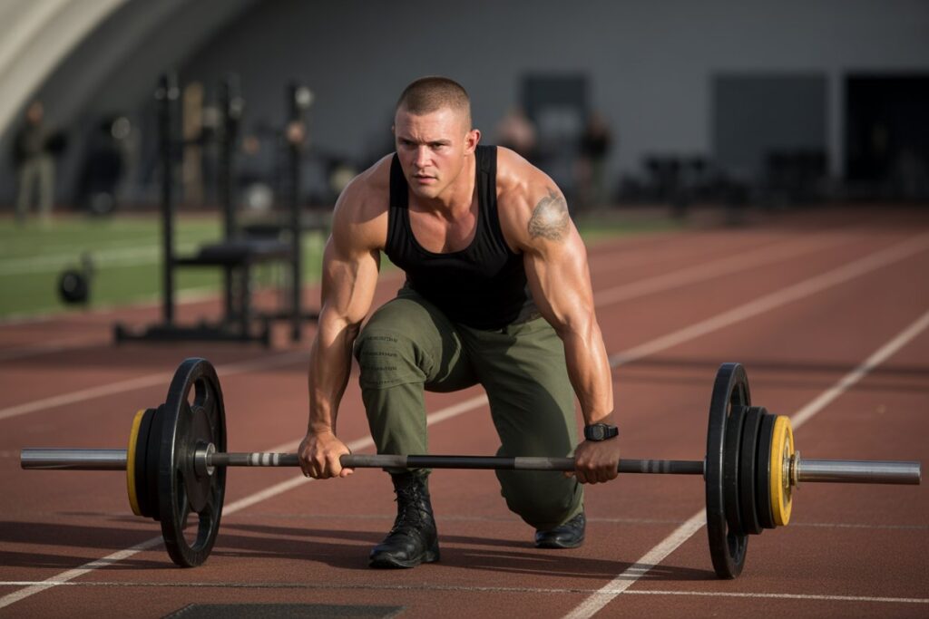 Determined U.S. Army soldier training hard in the gym to pass the Army Fitness Test (AFT) after previously failing the military physical fitness assessment.