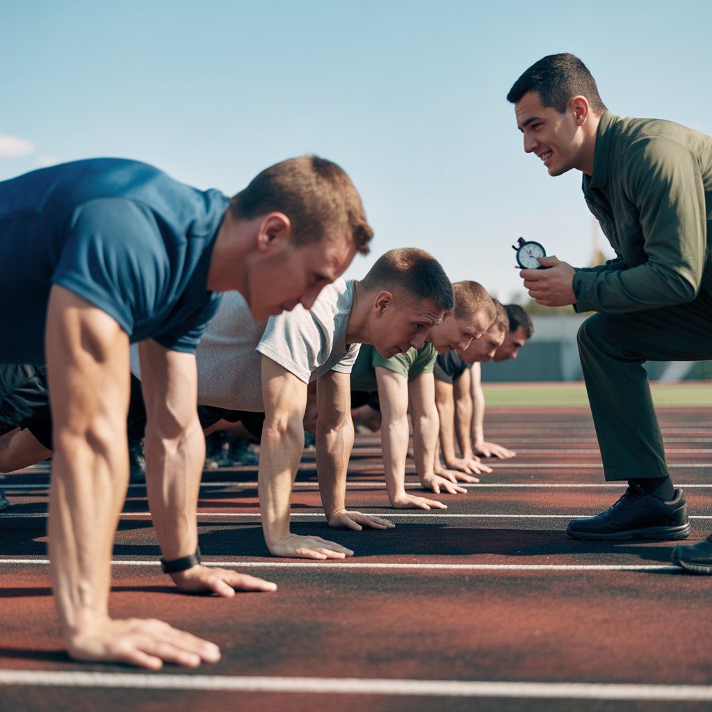 candidates performing push ups and running during aft socring calculator fitness test evaluation