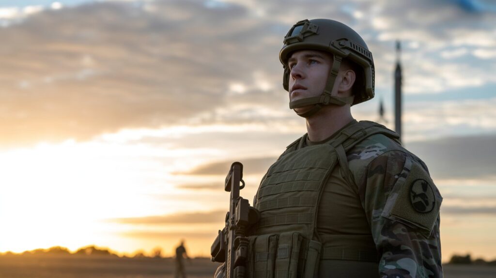 Motivated U.S. Army soldier standing at sunrise after intense training, symbolizing overcoming failure in the Army Fitness Test (AFT) and achieving military fitness standards.