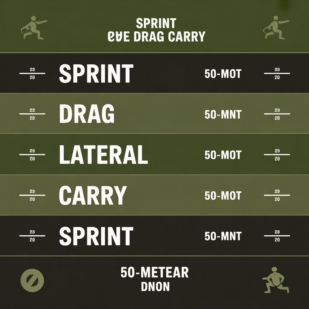 Alt Text:
Infographic showing the 250-meter Sprint Drag Carry layout with all five 50-meter intervals labeled for the ACFT