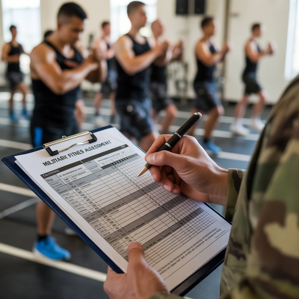 Military evaluator recording scores on AFT regulation army fitness test assessment scoresheet
