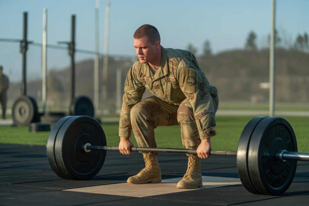 Soldier performing ACFT deadlift exercise during ACFT preparation Exercrise