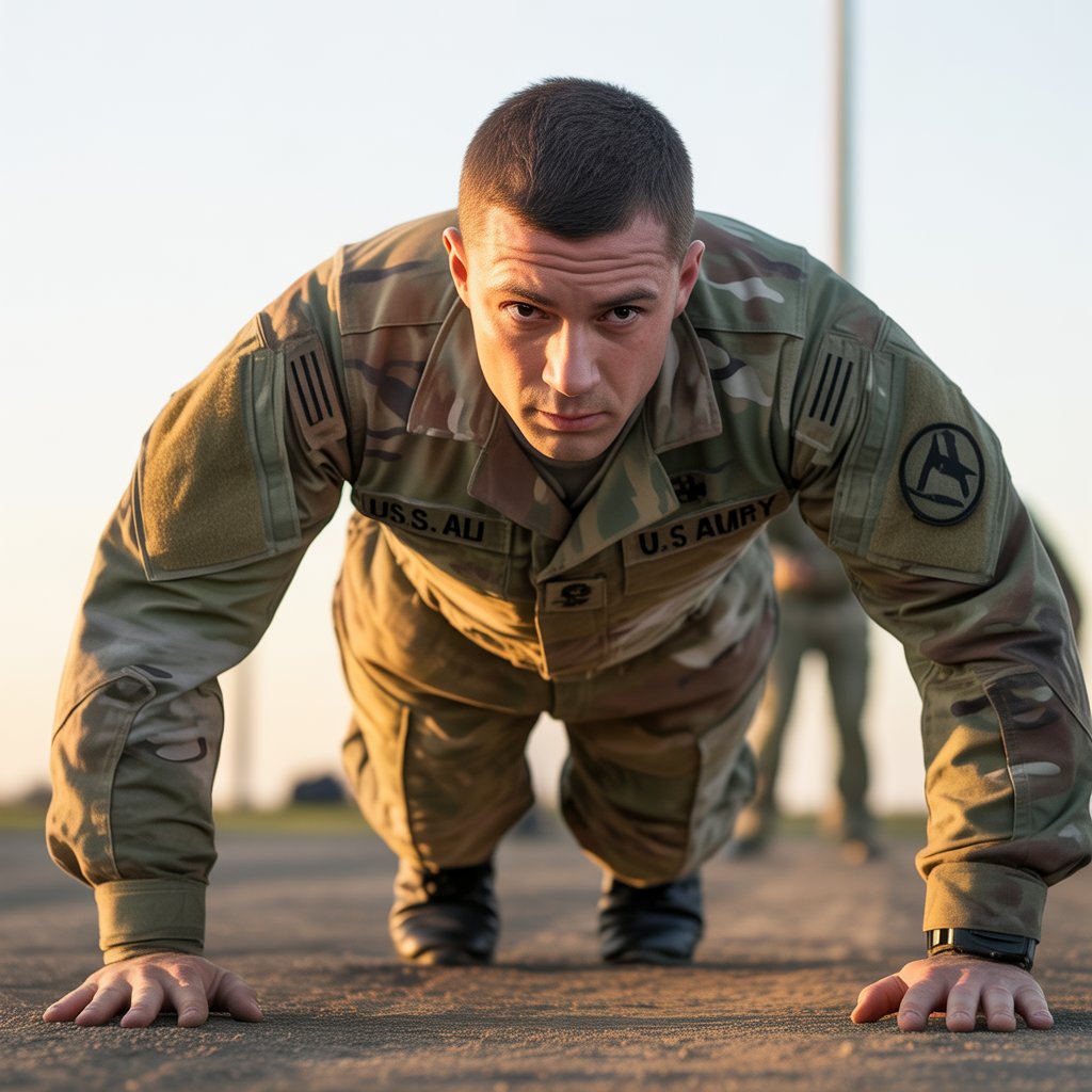 Army soldier performing AFT release hand push-up with hands lifted off ground during combat fitness training