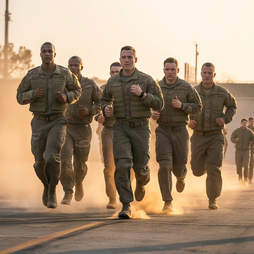 Group of U.S. Army soldiers completing 2-mile run event under AFT regulation army physical fitness standards