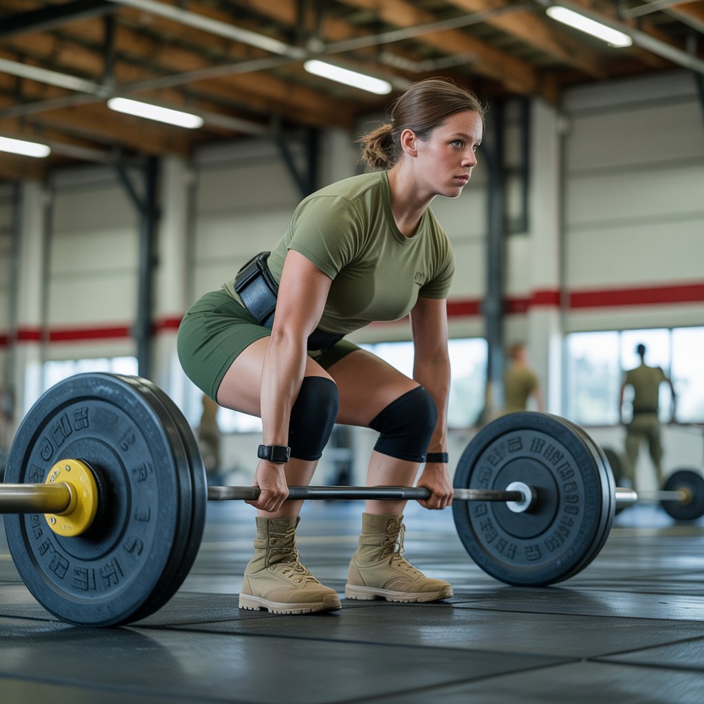 Female soldier performing three-rep maximum deadlift during Army Fitness Test standard for female AFT training