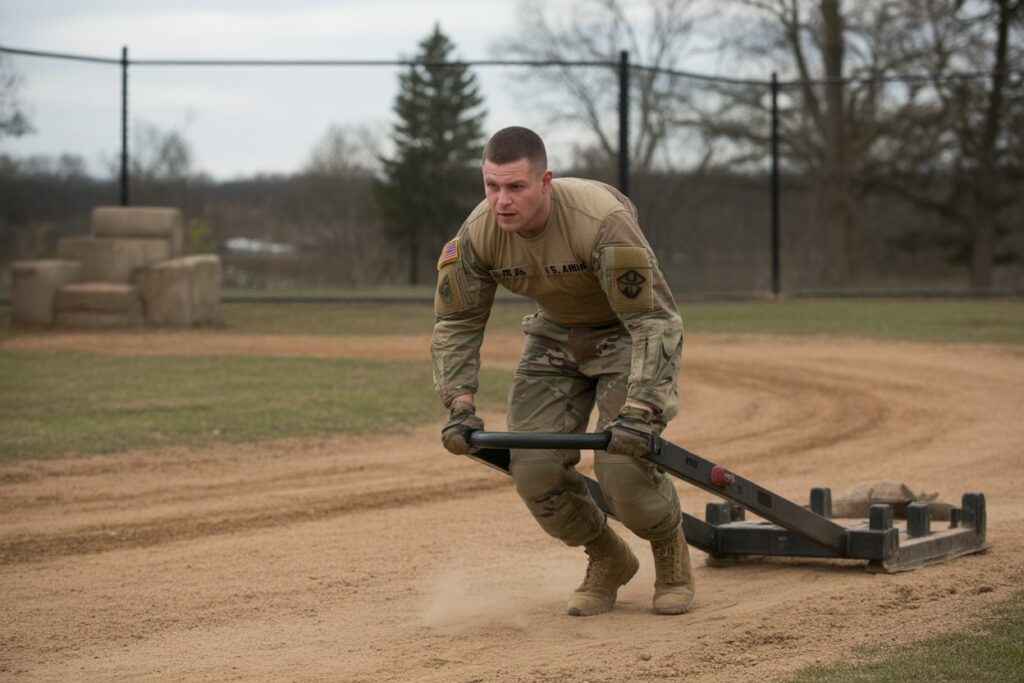Soldier performing ACFT Sprint dragg exercise during Army Combat Fitness Test preparation