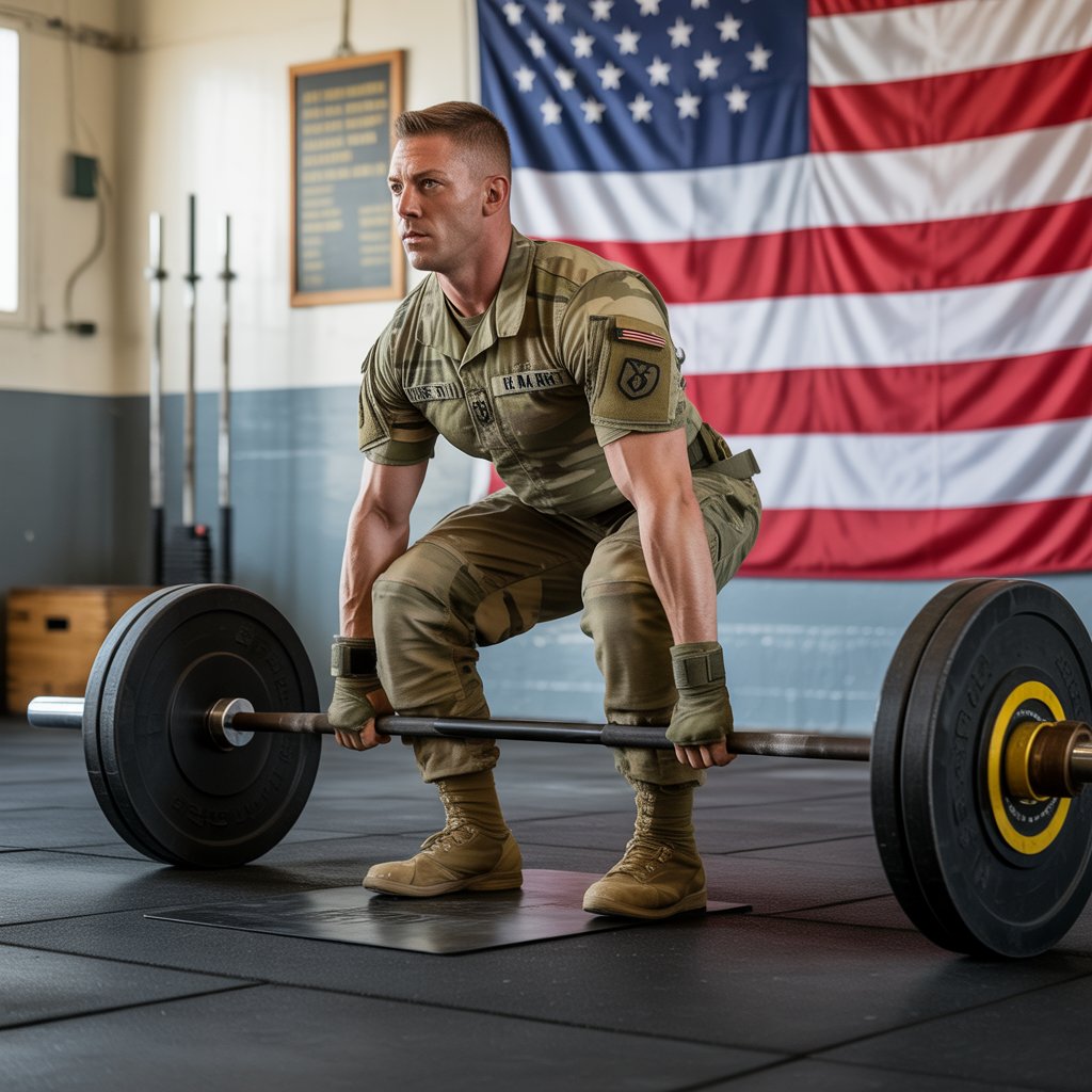 U.S. Army soldier performing hex bar deadlift during AFT regulation army fitness test assessment