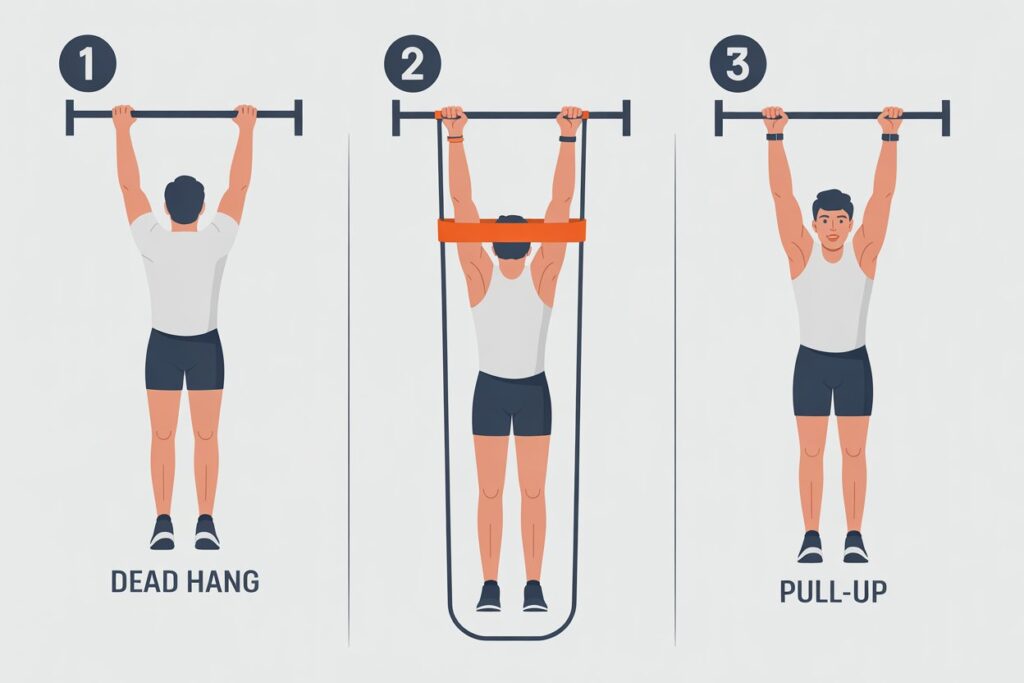 Step-by-step pull-up progression guide for beginners from dead hang to full unassisted pull-up