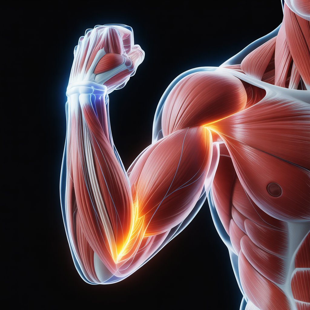 Illustrated cross-section of muscle fibers activating during exercise, showing the biological response to physical effort