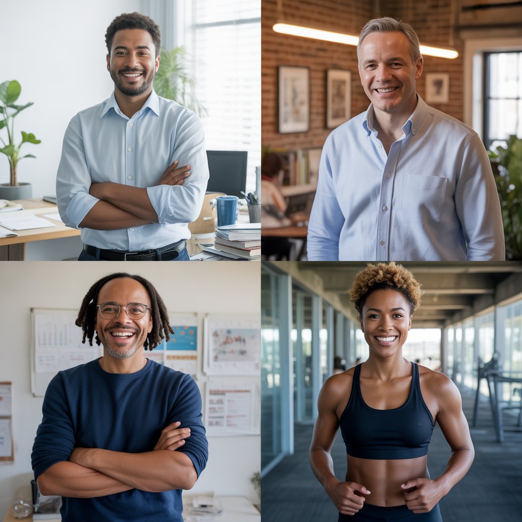 Diverse group of Americans benefiting from regular standing breaks including office workers, remote workers, and older adult