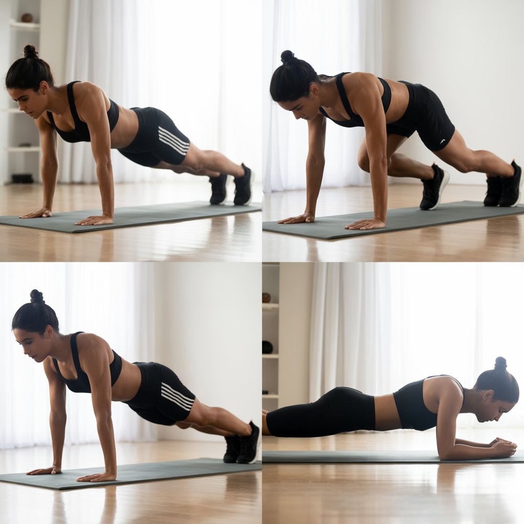 Four-panel image showing push-ups, squats, lunges, and a plank — the core moves of a five-minute bodyweight workout