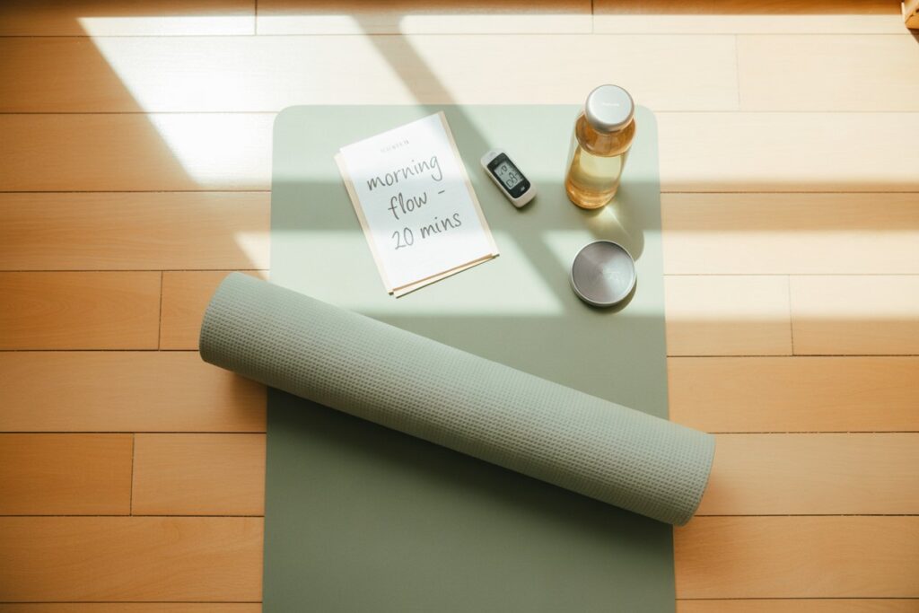 Overhead flat-lay of a workout mat, timer, and handwritten five-minute routine card on a wooden floor