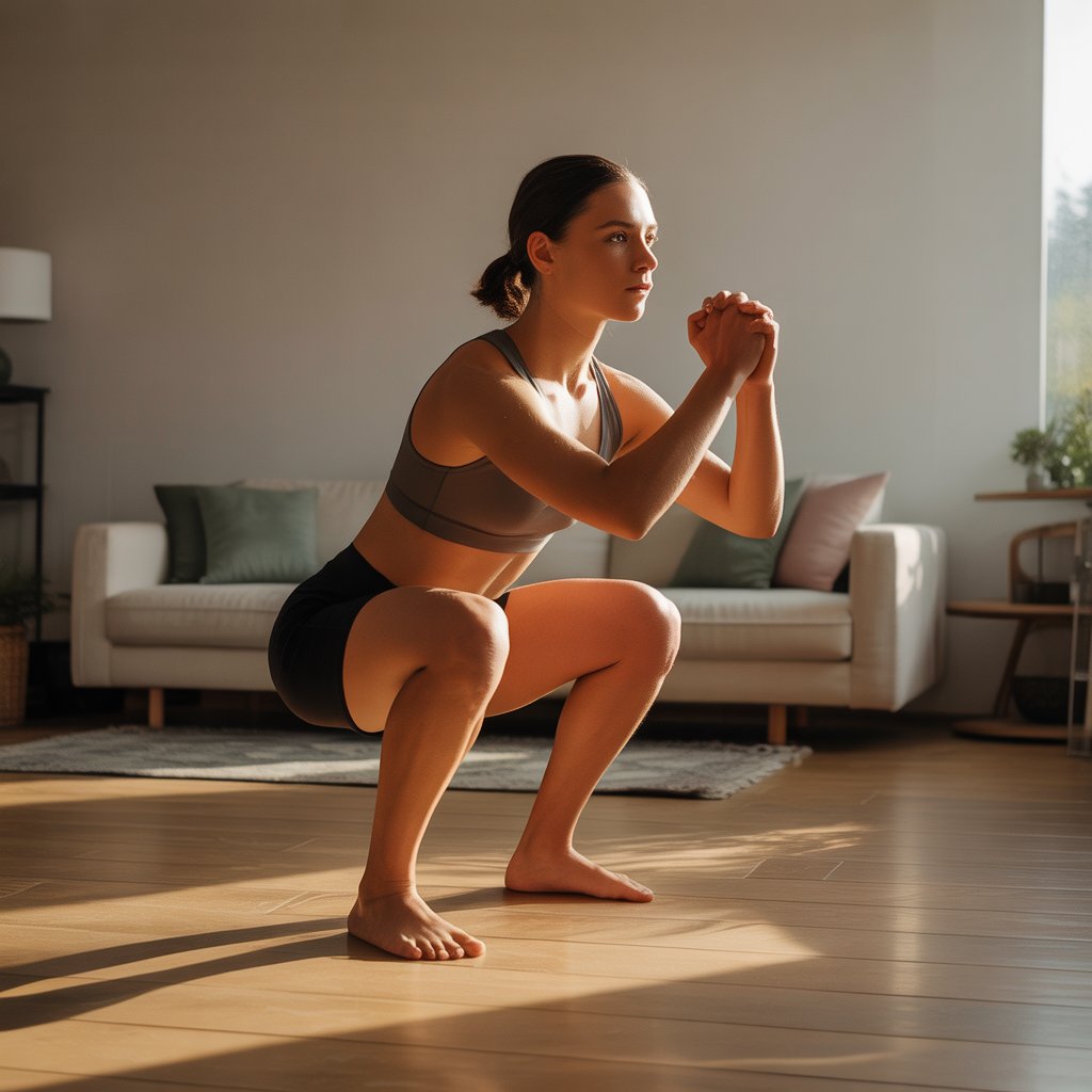 A person performing a bodyweight squat at home in morning light, representing a simple daily fitness routine