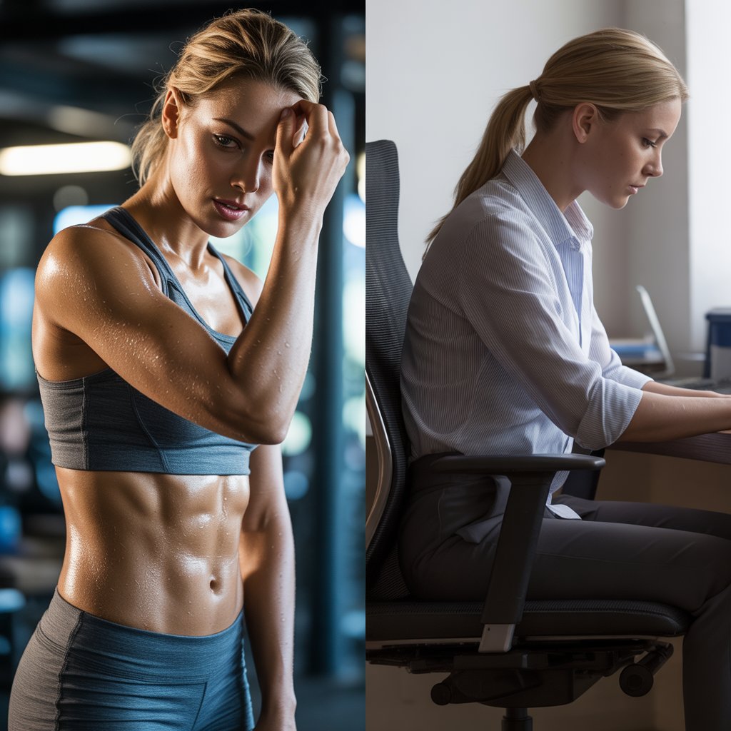 Active couch potato comparison showing woman who exercises but still sits all day at a desk job