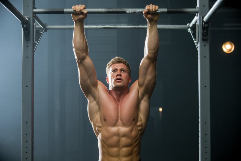 Athletic man performing a pull-up exercise showing full muscle engagement for strength building