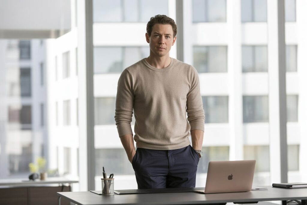 Man standing at office desk following the 30-minute standing rule to reduce mortality risk