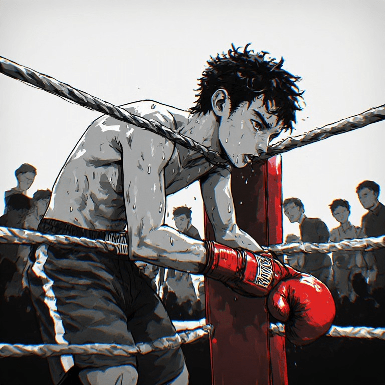 Exhausted boxer resting between rounds, illustrating why conditioning is critical in combat sports