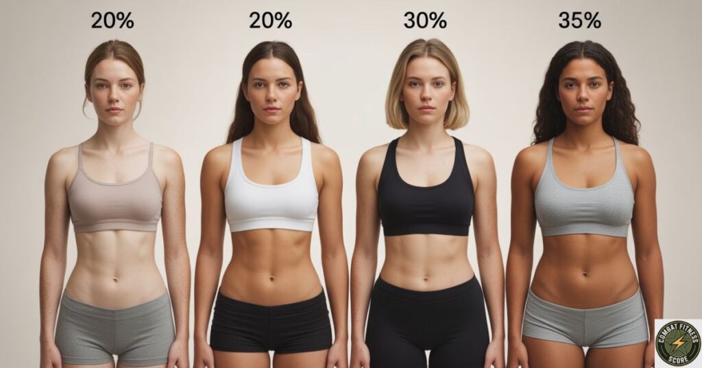 Female body fat percentage comparison showing 20% to 35% body fat visual guide for women